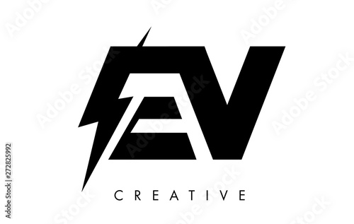 EV Letter Logo Design With Lighting Thunder Bolt. Electric Bolt Letter Logo