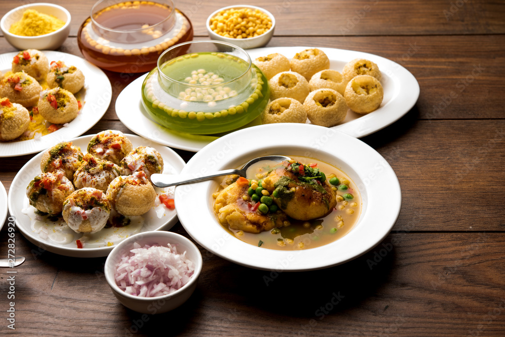 group of Bombay chat food includes golgappa/panipuri, bhel-puri, sev-poori, dahipuri, Ragda pattice, raj kachori etc. selective focus