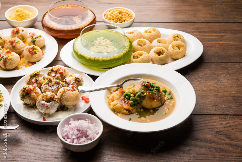 group of Bombay chat food includes golgappa/panipuri, bhel-puri, sev-poori, dahipuri, Ragda pattice, raj kachori etc. selective focus group of Bombay chat food includes golgappa/panipuri, bhel-puri, sev-poori, dahipuri, Ragda pattice, raj kachori etc. selective focus