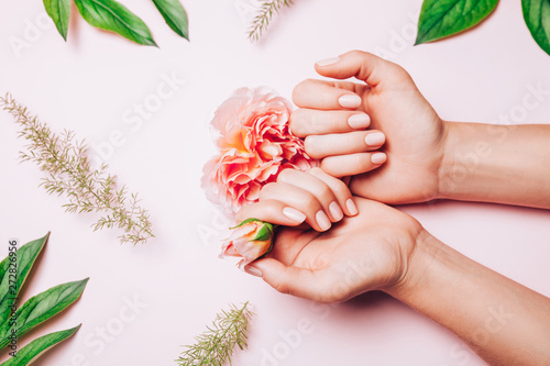 Fototapeta Naklejka Na Ścianę i Meble -  Stylish trendy female manicure. Woman's Hands holding rose flower on pink background with tropical leaves and plants. Top view, flat lay