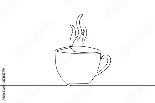 One cup with handle of hot coffee with steam drawing in style of one continuous line black color. Self drawing