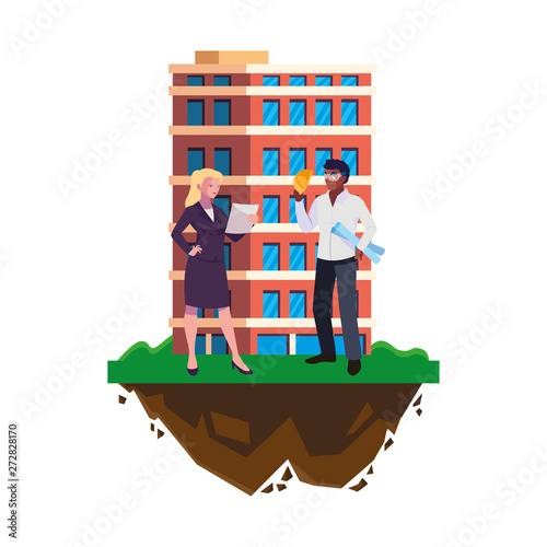 afro male builder with female engineer with building