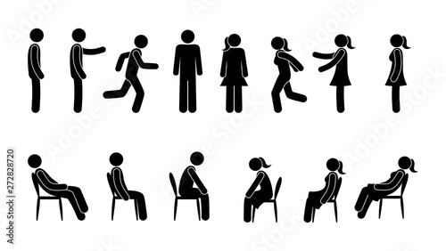 basic set of stick figure man icon, pictogram man and woman in various poses, people stand, sit, go