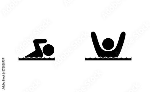 floating man drowning in water, icons, stick figure pictogram people