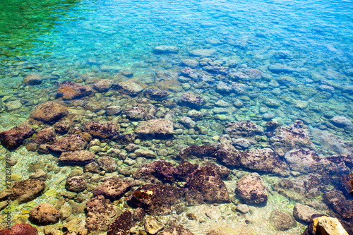 Background sea with stones and plants. Turkey, Antalya