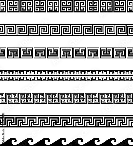 Collection of Greek Key / Meander geometric ornamental borders. Seamless decorative set in black color.