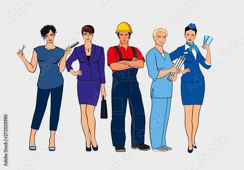 A set of different professions. Hairdresser, business woman, builder, nurse and stewardess stand together. Vector drawn graphics