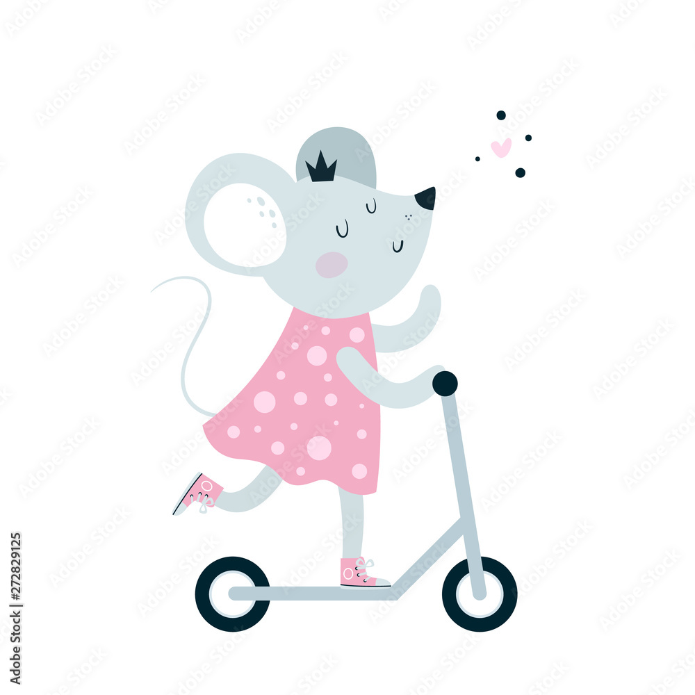 Cute baby mice mouse ride scooter. Symbol 2020. Happy new year character  design illustration. Happy birthday card. Ideal for print, poster,  calendar, decoration, textile, cards for xmas vector de Stock | Adobe Stock