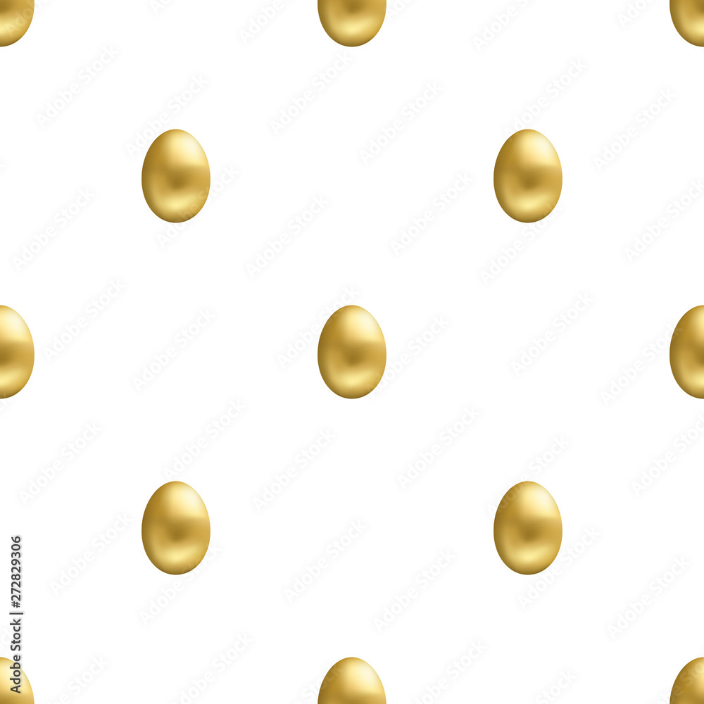 Seamless pattern with realistic golden egg on white background. Easter egg. Vector illustration for design, web, wrapping paper, fabric, wallpaper.