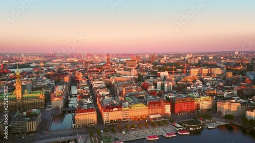Wallpaper Mural hamburg  skyline aerial drone shot panning over old city center at sunrise Torontodigital.ca
