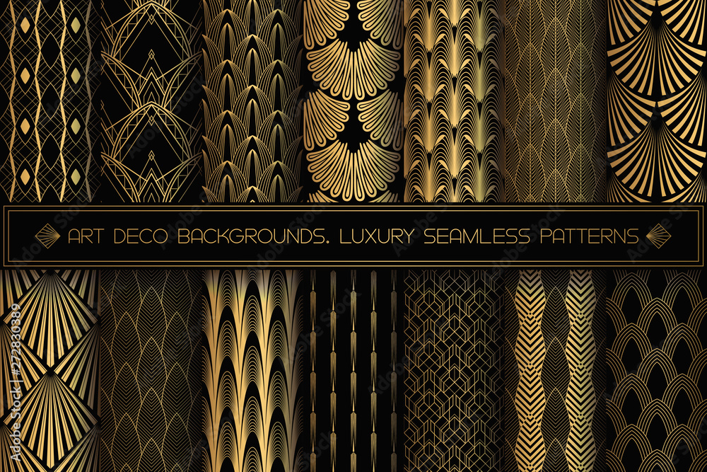 Art Deco Patterns. Seamless black and gold backgrounds. - obrazy, fototapety, plakaty 