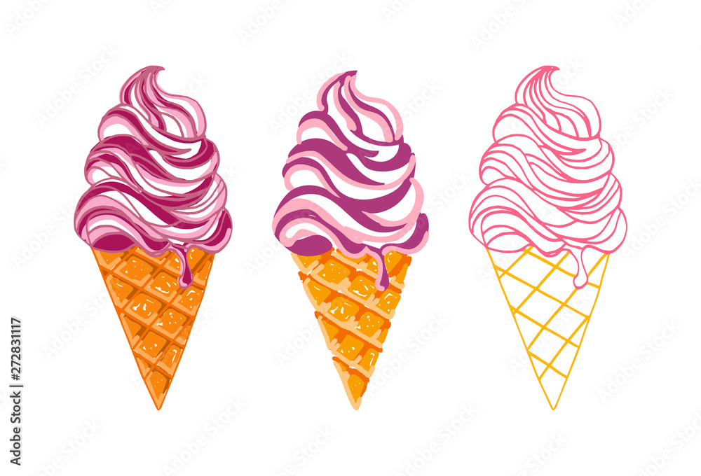 Ice cream vector doodle style. Vanilla, chocolate, fruit ice cream illustrations. Ice cream dessert illustration, sweet dessert and white background.