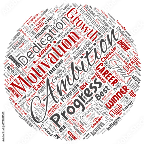 Vector conceptual leadership ambition or motivation round circle red successful character word cloud isolated background. Collage of business growth challenge, positive dream inspiration goal concept