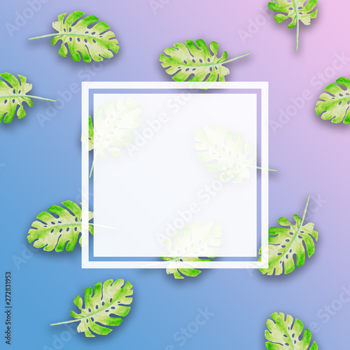 Template on watercolor green palm leaves - pattern background - monstera