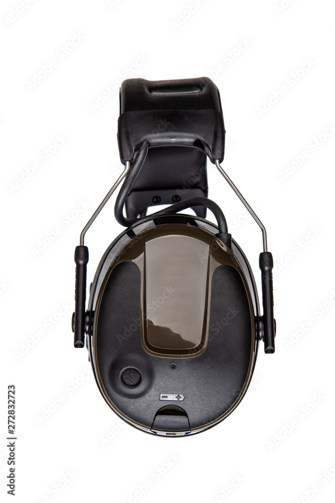 Protective headphones on white background. Safety equipment. Headphones for noise reduction. Protective headphones on white background. Safety equipment. Headphones for noise reduction.