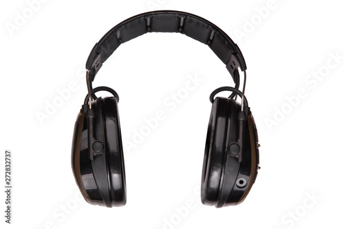 Protective headphones on white background. Safety equipment. Headphones for noise reduction.