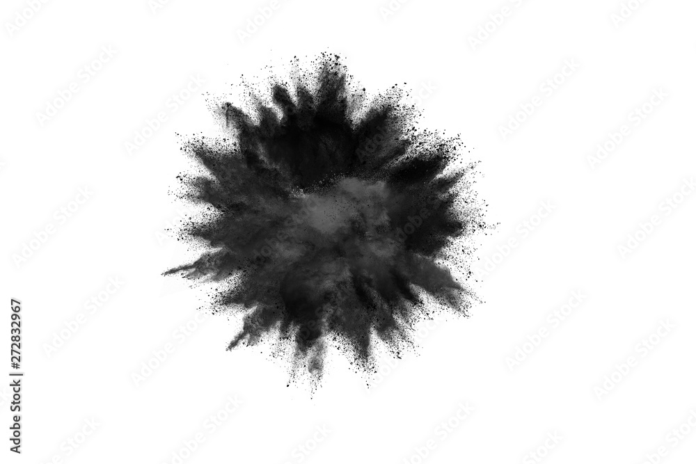 Black powder explosion. Closeup of black dust particles explode isolated on  white background. Stock Photo | Adobe Stock