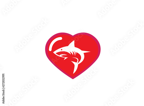 Angry blue shark fish Logo design illustration i a heart shape love icon