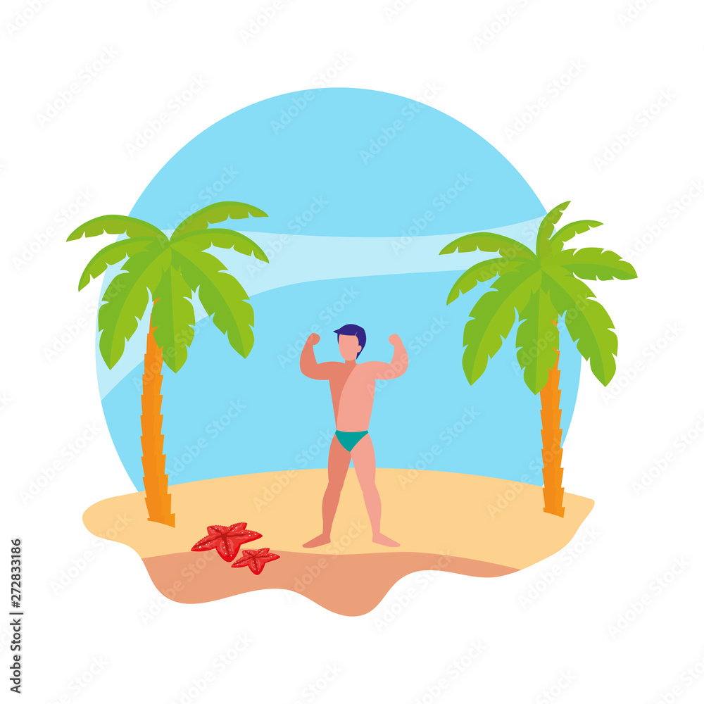 young strong man on the beach summer scene