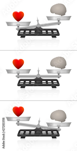 Weighing scales with brain and heart. Symbol for balance of mind and soul, of intellect and emotion, of thinking and feeleing. Equal and unequal weightiness. Vector on white.
