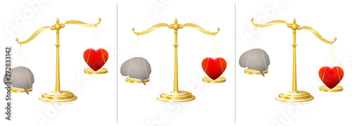 Mind and soul balance scale with heart and brain. Symbolic for equivalence of emotion and intellect, of feeleing and thinking. Equal and unequal weightiness. Vector on white.