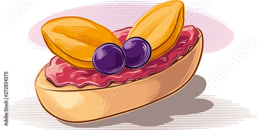 A pastry with jam and berries on a white background, in vector.