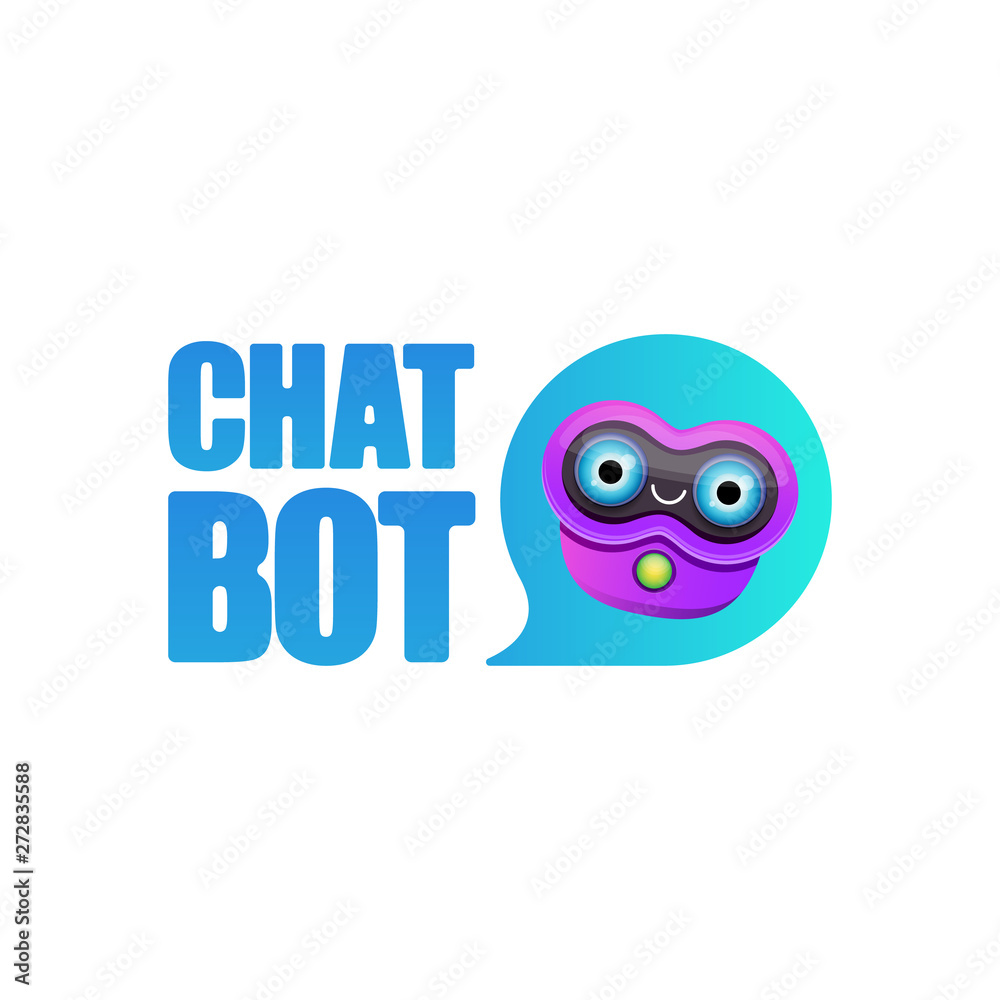 cute chatbot character or intelligent assistant with speech bubble isolated on white background. Vector Funny robot assistant, chatter bot, helper chatbot logo or label cute chatbot character or intelligent assistant with speech bubble isolated on white background. Vector Funny robot assistant, chatter bot, helper chatbot logo or label