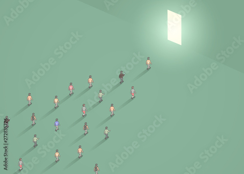Business concept illustration of crowd of people walking into narrow door. Leader concept.