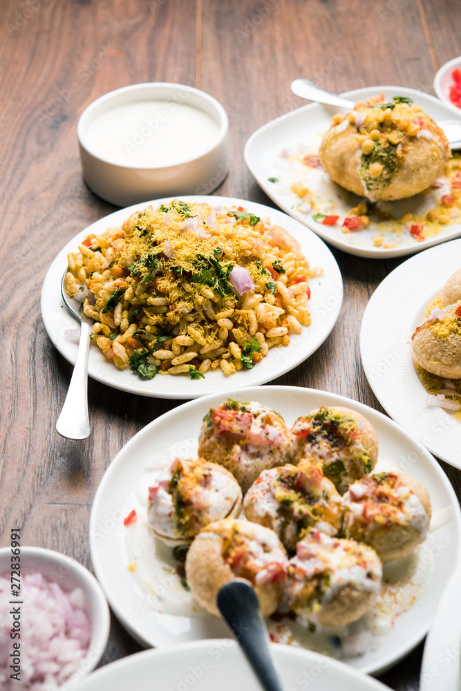group of Bombay chat food includes golgappa/panipuri, bhel-puri, sev-poori, dahipuri, Ragda pattice, raj kachori etc. selective focus group of Bombay chat food includes golgappa/panipuri, bhel-puri, sev-poori, dahipuri, Ragda pattice, raj kachori etc. selective focus
