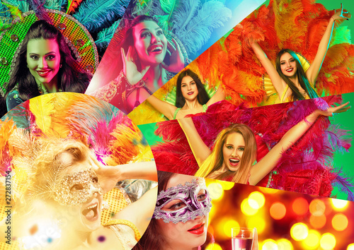 Beautiful surprised women in carnival mask. Models wearing masquerade masks at party on background with magic glow. Christmas and New Year celebration. Collage made of different photos of the people.
