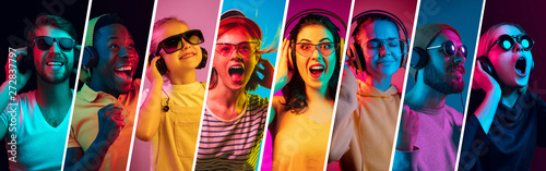 Beautiful female and male models on multicolored neon lights studio background. Facial expression, summer, resort, weekend concept. Trendy colors. Collage made of different photos of 7 models.