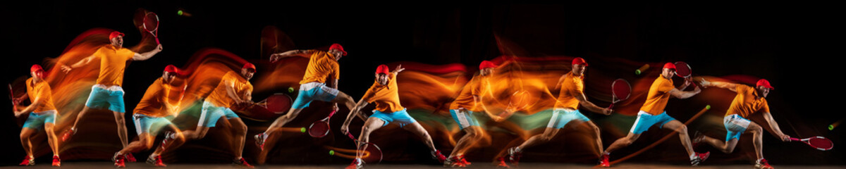 Man playing tennis on black background in mixed light. Collage made of different photos of 1 fit young male player in motion or action during sport game. Concept of movement, sport, healthy lifestyle.