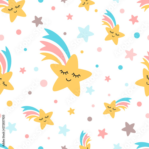 Rainbow shooting star repeat seamless pattern Fun cute kids elements White background Vector