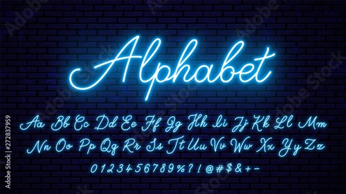 Neon blue letters. Bright neon glowing font, alphabet for signboard design, decoration and more.