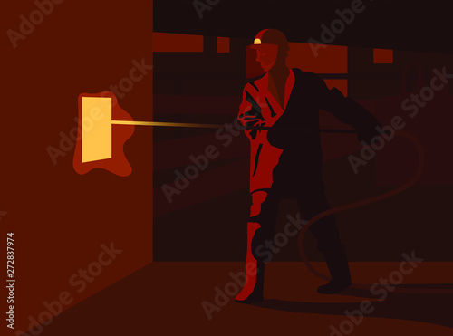 Steel worker takes a sample from oven.Metal production in electric furnaces.Vector illustration