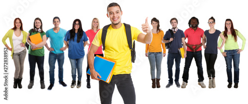 Group of students college student young success successful thumbs up smiling isolated on white