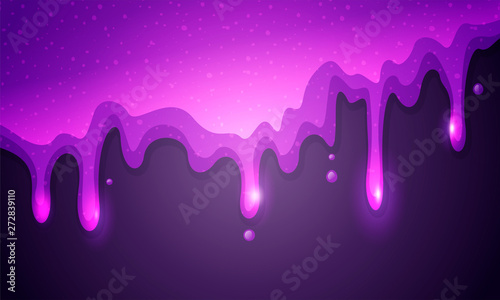Vector illustration glitter slime dripping on violet background. Glossy purple texture