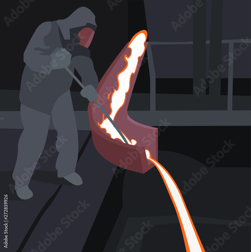 Pouring of liquid metal in open hearth workshop.Steel worker at work.Vector illustration