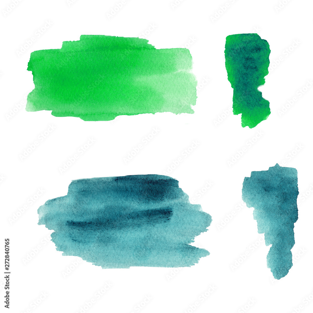 Set of green and blue colorful watercolor blot on white background. The color splashing in the paper. It is a hand drawn picture