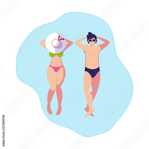 young couple with swimsuit floating in water