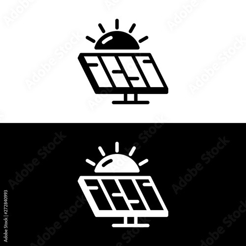Sun and solar battery icon in glyph style, minimalistic logo. Vector illustration on white and black background.