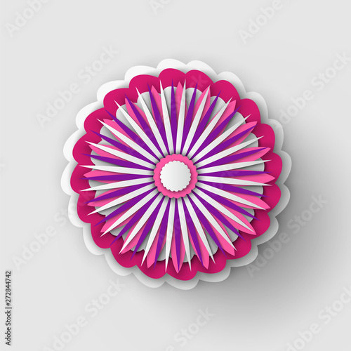 Pink flower origami with petals decoration, blooming and blossom, decor made of purple paper. Colorful Japanese style daisy or sakura in flat style