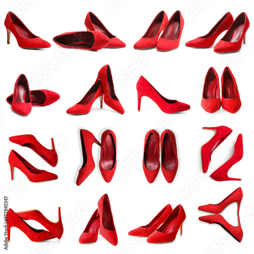 Set of stylish high heel shoes on white background