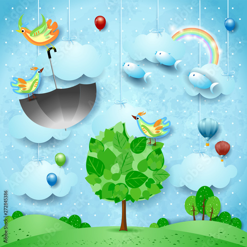 Fantasy landscape with big tree, flying umbrella and fishes