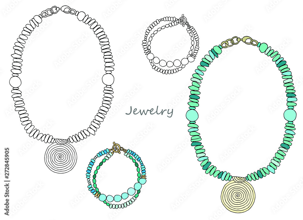 Set of ethnic jewelry made of natural turquoise stone. Necklace and bracelet. Picture in color and black and white graphics. Set of ethnic jewelry made of natural turquoise stone. Necklace and bracelet. Picture in color and black and white graphics.