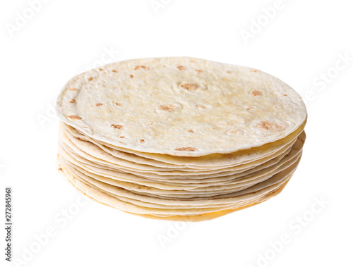 Stack of corn tortillas on white background. Unleavened bread photo