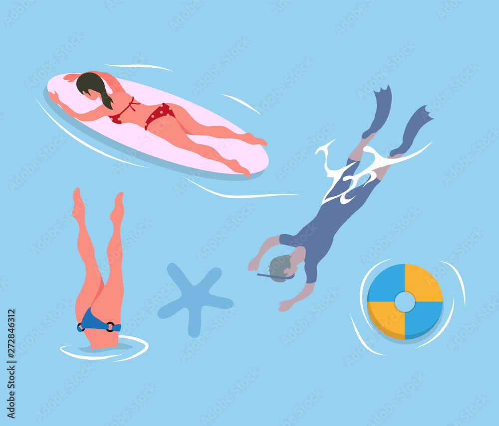 Woman diving legs up, man in flippers and mask, lady suntanning on surfboard, inflatable ring and sea star in blue waters. People resting at seaside, summertime Woman diving legs up, man in flippers and mask, lady suntanning on surfboard, inflatable ring and sea star in blue waters. People resting at seaside, summertime