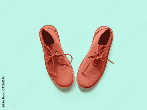 Brown coral men's suede shoes are on the background of green pastel color. Flat lay, top view minimal fashion composition.