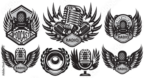 Set of vector templates with microphone and wings on musical theme