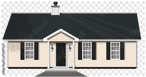One-story wooden house with a trumpet. Vector icon